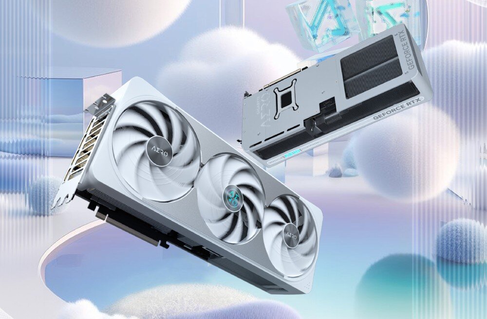 Karta graficzna GIGABYTE GeForce RTX 5070 Ti Aero OC 16GB w srebrnej obudowie, z trzema wentylatorami i stylowym backplate, zawieszona na futurystycznym tle z lodowymi strukturami
