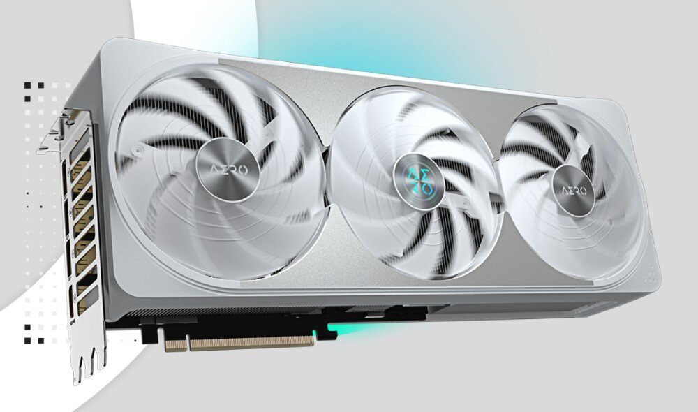 Karta graficzna GIGABYTE GeForce RTX 5070 Ti Aero OC 16GB Zbliżenie na przednią część karty Gigabyte AERO GeForce RTX, prezentujące trzy duże wentylatory z półprzezroczystymi łopatkami i metaliczną obudową