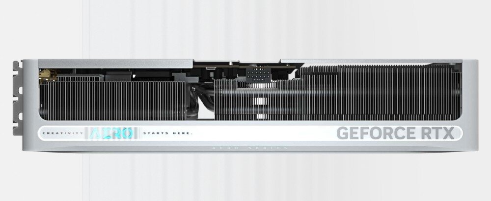 Karta graficzna GIGABYTE GeForce RTX 5070 Ti Aero OC 16GB Widok boczny karty Gigabyte AERO GeForce RTX z dużym radiatorem i podświetlanym napisem