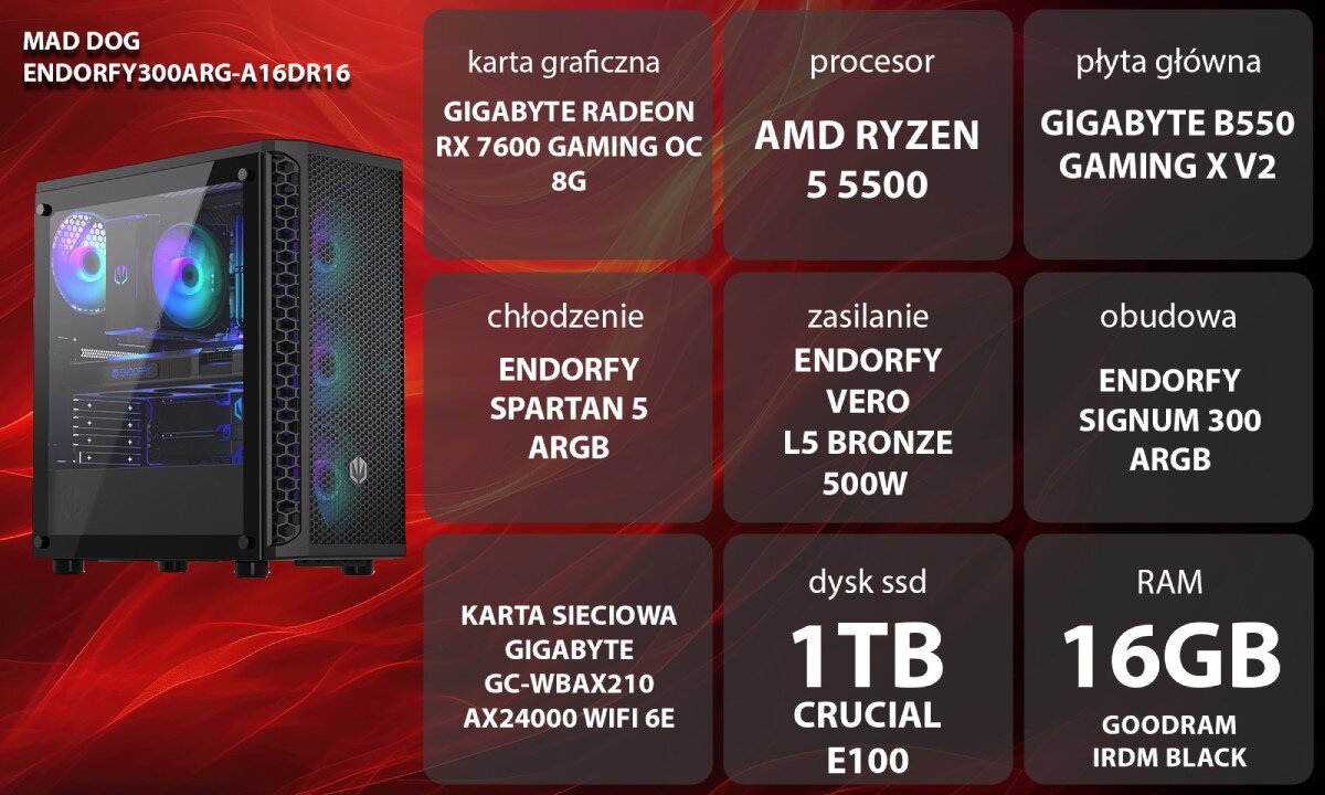 Komputer MAD DOG ENDORFY300ARGB-A16DR16 Grafika przedstawiająca specyfikację komputera. Po lewej stronie widoczny komputer, opis