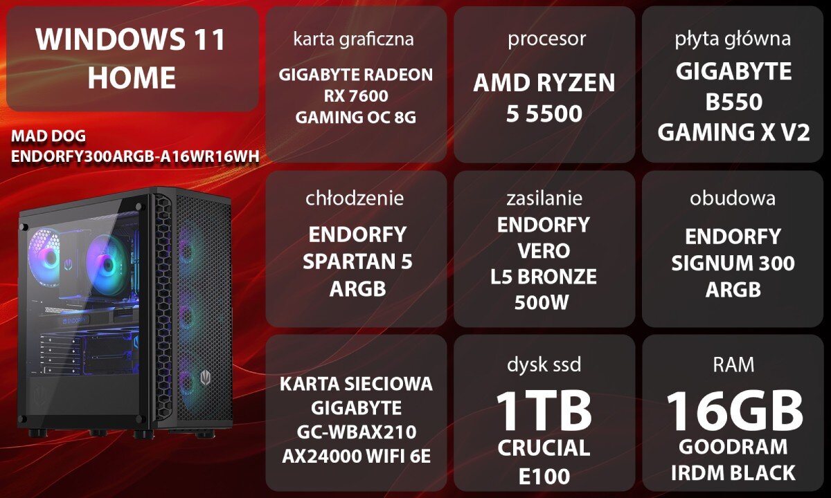 Komputer MAD DOG ENDORFY300ARGB-A16WR16WH Grafika przedstawiająca specyfikację komputera. Po lewej stronie widoczny komputer, opis