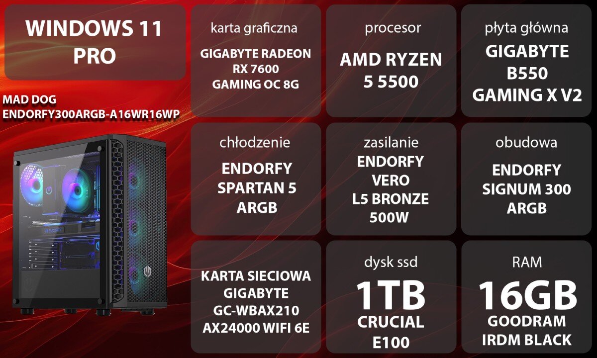 Komputer MAD DOG ENDORFY300ARGB-A16WR16WP Grafika przedstawiająca specyfikację komputera. Po lewej stronie widoczny komputer, opis