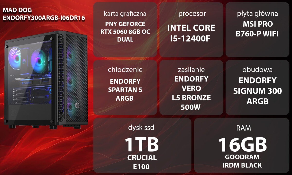 Komputer MAD DOG ENDORFY300ARGB-I06DR16 Grafika przedstawiająca specyfikację komputera. Po lewej stronie widoczny komputer, opis