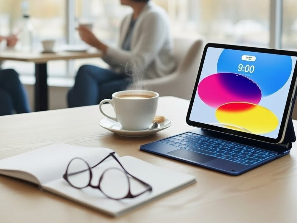 Etui z klawiaturą TYPECASE Edge do iPad 11 cali Błękitny pacyfik, klawiatura, efektywność, funkcjonalność, ergonomia, iPad z klawiaturą i rysikiem na biurku, notatki