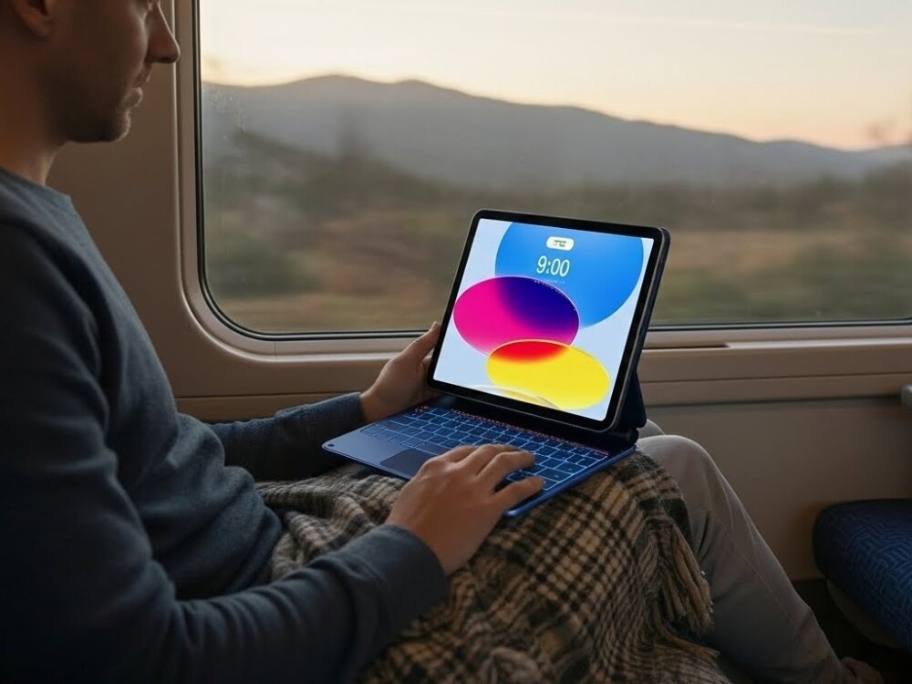 Etui z klawiaturą TYPECASE Edge do iPad 11 cali Błękitny pacyfik, stabilność, regulacja, wygoda, oglądanie, iPad z klawiaturą w kawiarni obok kawy