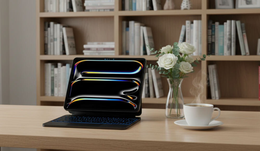 Etui z klawiaturą TYPECASE Edge do iPad Air 13 cali, Włókno węglowe, produktywność, wygoda, funkcjonalność, kreatywność, iPad w czarnym etui z klawiaturą na biurku