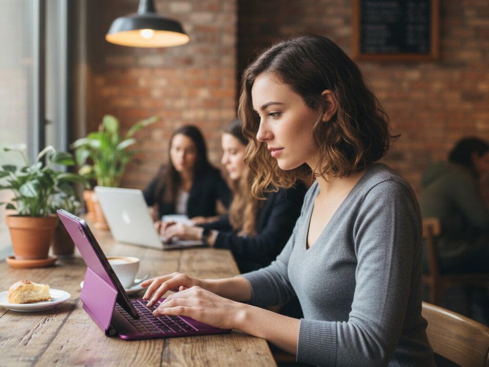 Etui z klawiaturą TYPECASE Edge do iPad Air 11 cali, Malinowy, precyzja, gesty, kontrola, intuicyjność, iPad z klawiaturą przy oknie w domu