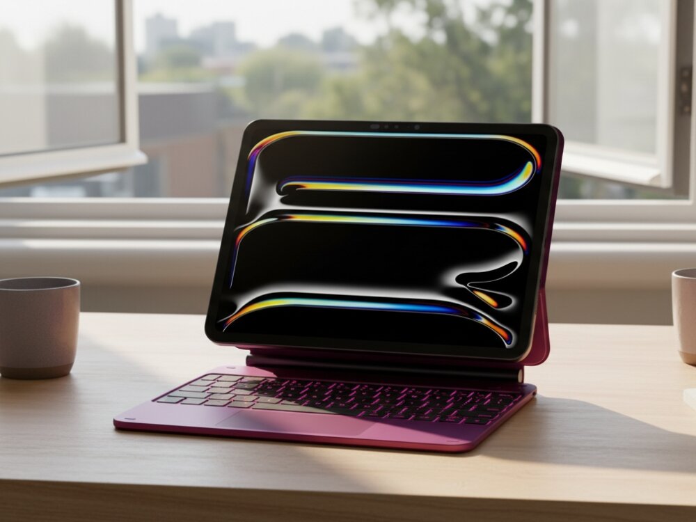 Etui z klawiaturą TYPECASE Edge do iPad Air 11 cali, Malinowy, stabilność, regulacja, wygoda, oglądanie, iPad z klawiaturą w kawiarni obok kawy