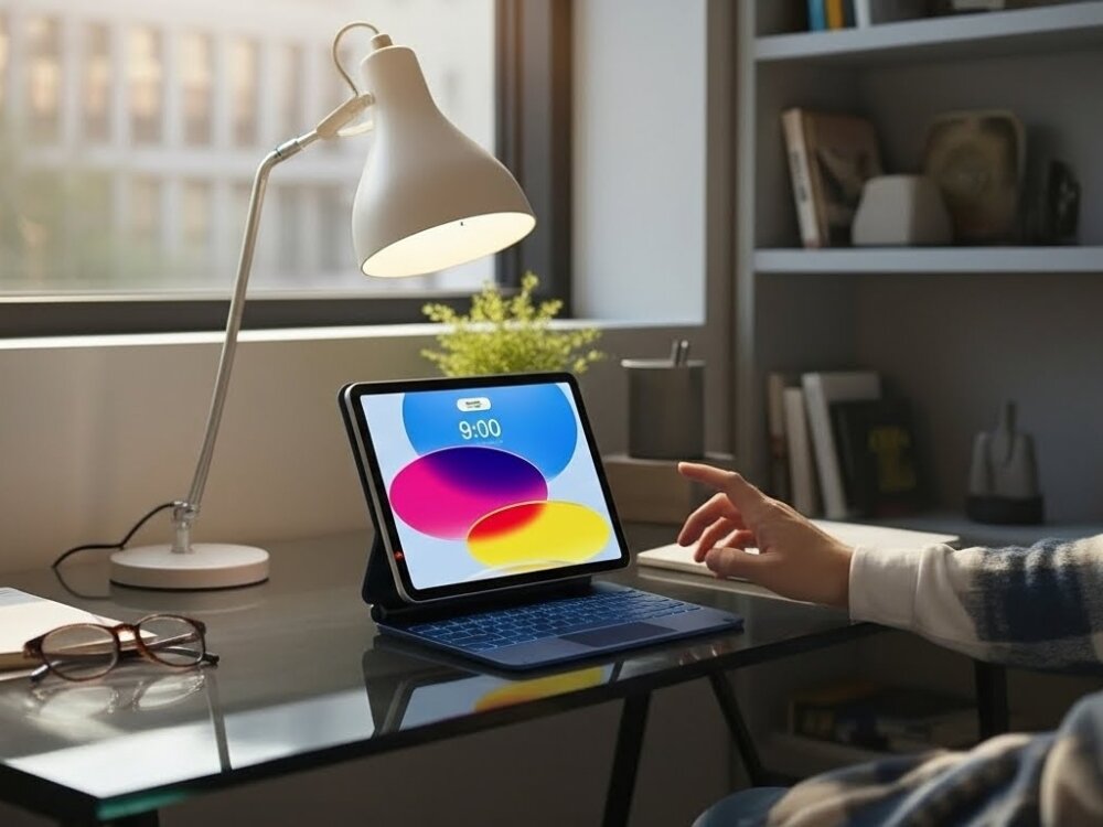 Etui z klawiaturą TYPECASE Edge do iPad 10.9/11 cali Błękitny pacyfik, precyzja, gesty, kontrola, intuicyjność, iPad z klawiaturą na biurku w domowym biurze