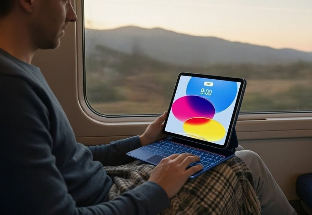 Etui z klawiaturą TYPECASE Edge do iPad 10.9/11 cali Błękitny pacyfik, stabilność, regulacja, wygoda, oglądanie, iPad z klawiaturą w kawiarni obok kawy