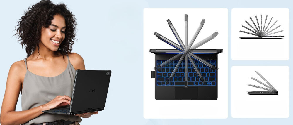Osoba trzyma czarne etui z klawiaturą, a obok widoczne są zdjęcia produktu z różnymi kątami nachylenia ekranu. Klawiatura ma podświetlenie w kolorze niebieskim.