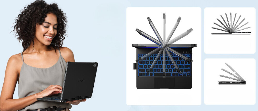 Etui na iPad TYPECASE Flexbook Touch Różany Klawiatura, obrót, swoboda, dopasowanie, stabilność, Kobieta z iPadem w etui z klawiaturą typu laptop
