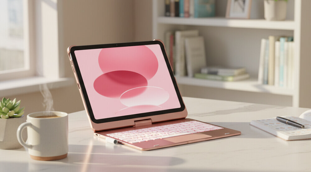 Etui na iPad TYPECASE Flexbook Touch Różany Klawiatura, precyzja, komfort, kontrola, produktywność, Wideorozmowa na iPadzie w etui z klawiaturą