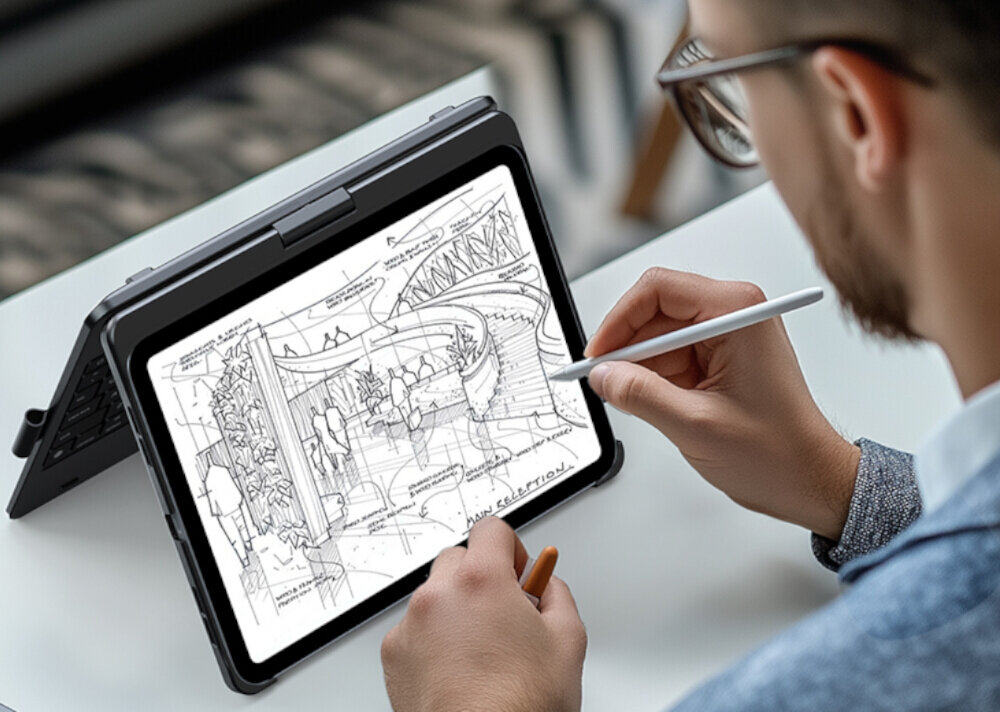 Etui na iPad TYPECASE Flexbook Touch Różany Klawiatura, bezpieczeństwo, trwałość, wodoodporność, wytrzymałość, Mężczyzna szkicuje na iPadzie w trybie namiotu