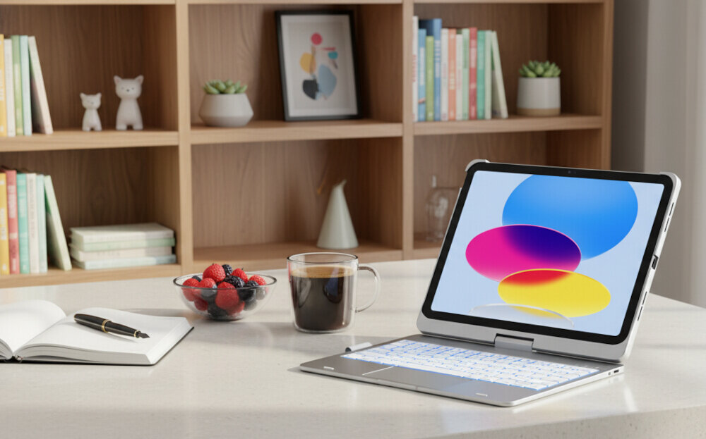 Etui z klawiaturą TYPECASE Flexbook Touch do iPad Srebrny, precyzja, komfort, kontrola, produktywność, Wideorozmowa na iPadzie w etui z klawiaturą