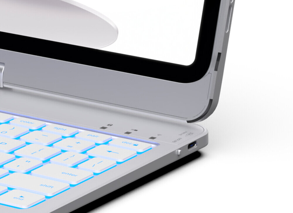 Etui z klawiaturą TYPECASE Flexbook Touch do iPad Srebrny, estetyka, funkcjonalność, personalizacja, ergonomia, Zbliżenie na iPada z podświetlaną klawiaturą