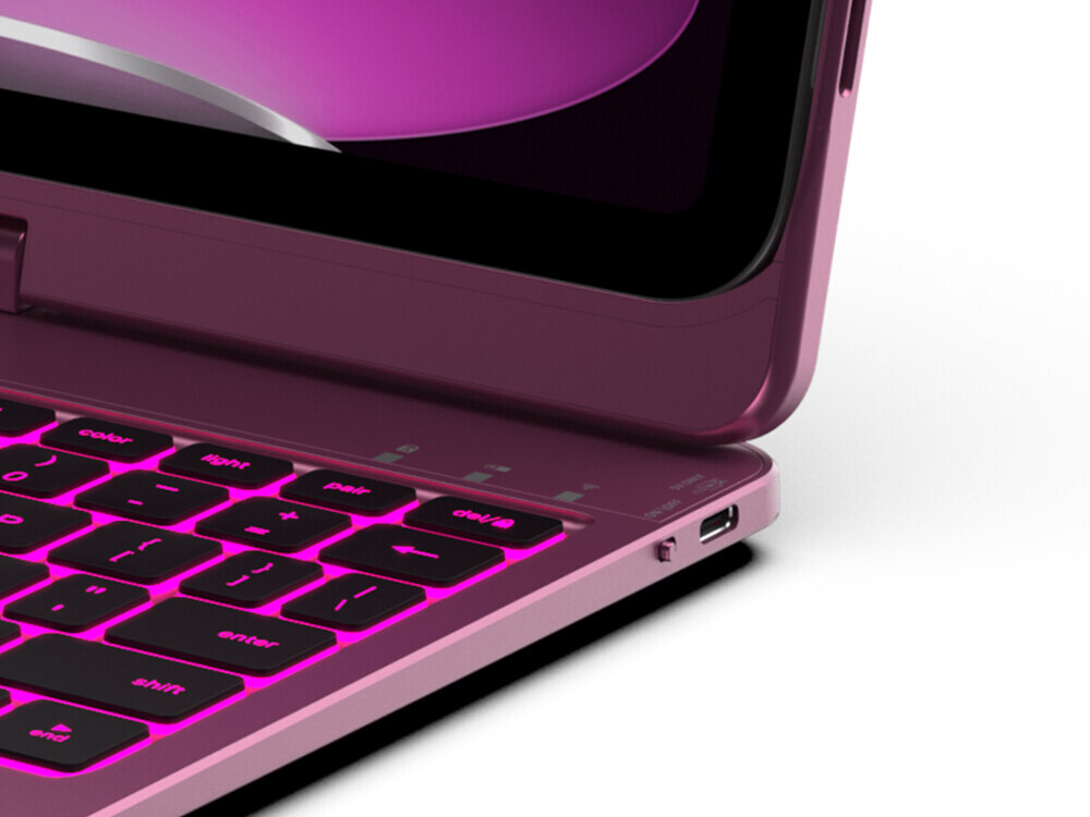 Etui na iPad TYPECASE Flexbook Touch Malinowy Klawiatura, estetyka, funkcjonalność, personalizacja, ergonomia, Zbliżenie na iPada z podświetlaną klawiaturą