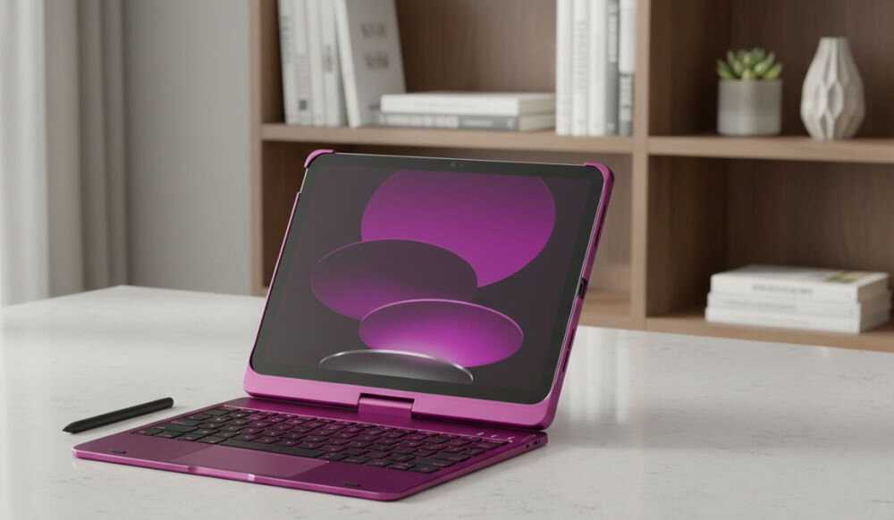 Etui na iPad TYPECASE Flexbook Touch Malinowy Klawiatura, bateria, oszczędność, niezawodność, bezprzewodowość, iPad w trybie namiotu do rysowania rysikiem