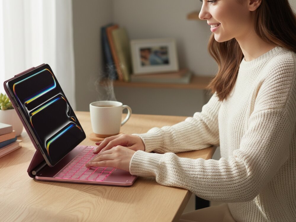 Etui z klawiaturą TYPECASE Edge do iPad Air 13 cali, Różany, klawiatura, efektywność, funkcjonalność, ergonomia, Kobieta pracuje na fioletowym iPadzie w kawiarni