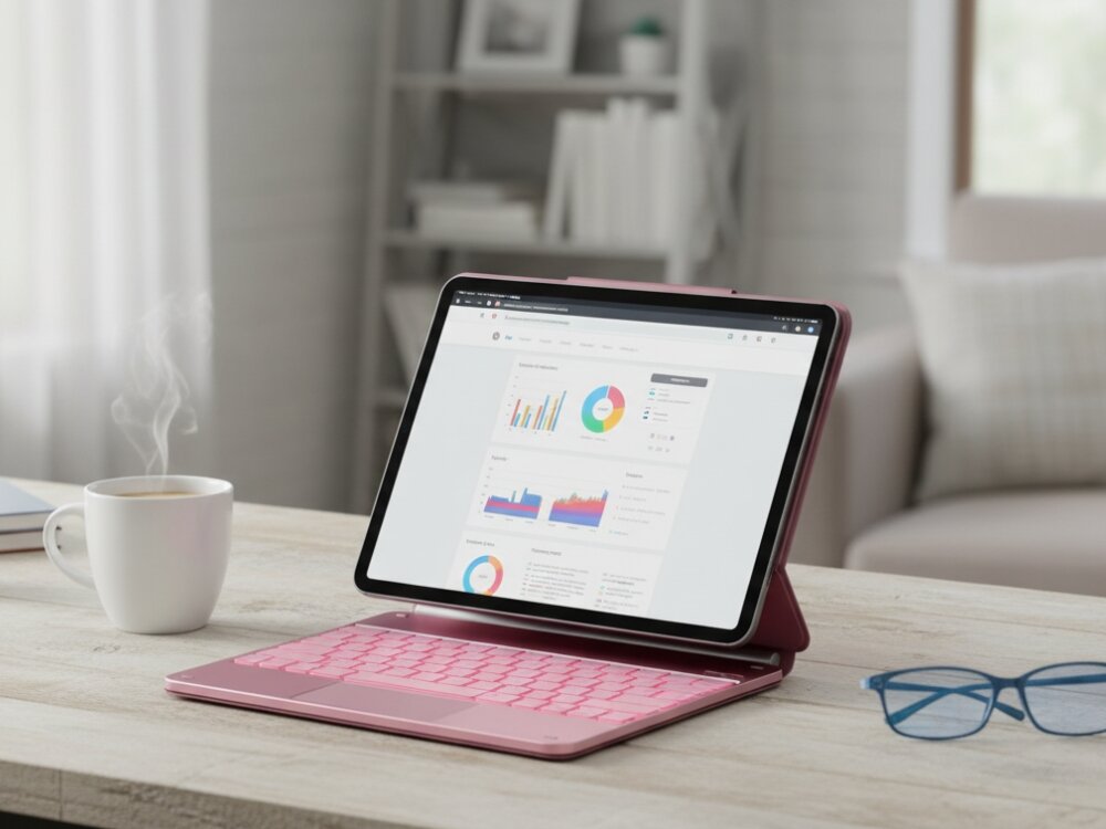 Etui z klawiaturą TYPECASE Edge do iPad Air 13 cali, Różany, precyzja, gesty, kontrola, intuicyjność, iPad z klawiaturą przy oknie w domu