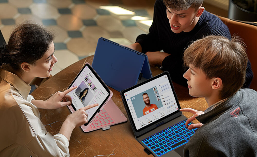 Etui na iPad Air / iPad Pro TYPECASE Flexbook Touch Szary Klawiatura, wielofunkcyjność, wygoda, mobilność, styl, Trójka studentów pracuje na iPadach z klawiaturą