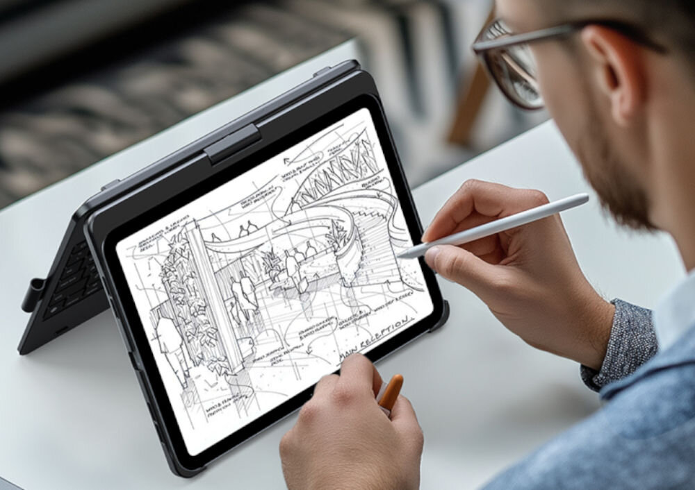 Etui na iPad Air / iPad Pro TYPECASE Flexbook Touch Szary Klawiatura, bezpieczeństwo, trwałość, wodoodporność, wytrzymałość, Mężczyzna szkicuje na iPadzie w trybie namiotu