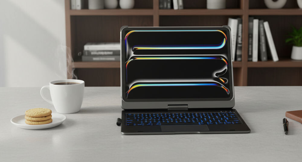 Etui na iPad Air / iPad Pro TYPECASE Flexbook Touch Szary Klawiatura, bateria, oszczędność, niezawodność, bezprzewodowość, iPad w trybie namiotu do rysowania rysikiem