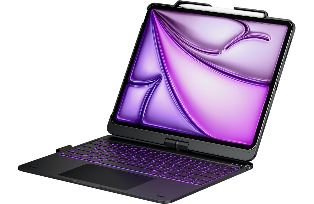 Etui na iPad Air / iPad Pro TYPECASE Flexbook Touch Czarny Klawiatura, estetyka, funkcjonalność, personalizacja, ergonomia, Zbliżenie na iPada z podświetlaną klawiaturą