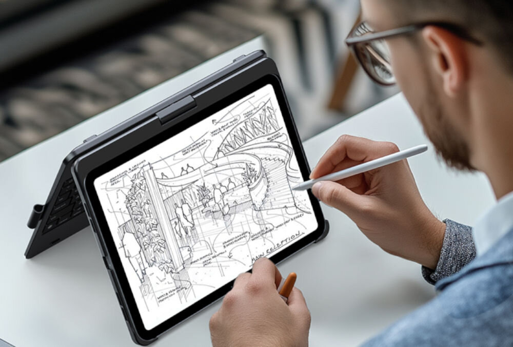 Etui na iPad Air / iPad Pro TYPECASE Flexbook Touch Czarny Klawiatura, bezpieczeństwo, trwałość, wodoodporność, wytrzymałość, Mężczyzna szkicuje na iPadzie w trybie namiotu