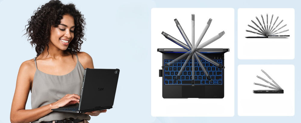 Etui na iPad Air / iPad Pro TYPECASE Flexbook Touch Błękitny pacyfik Klawiatura, obrót, swoboda, dopasowanie, stabilność, Kobieta z iPadem w etui z klawiaturą typu laptop