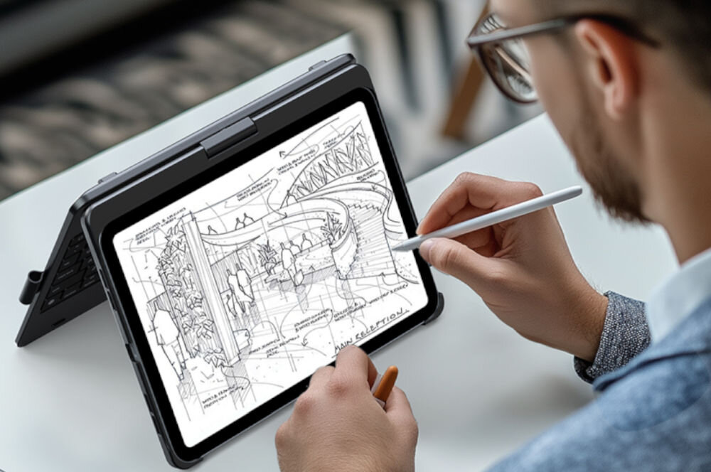 Etui na iPad Air / iPad Pro TYPECASE Flexbook Touch Czarny Klawiatura, bezpieczeństwo, trwałość, wodoodporność, wytrzymałość, Mężczyzna szkicuje na iPadzie w trybie namiotu