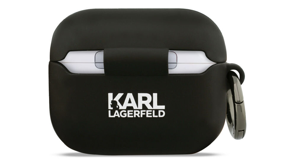 Czarne etui na słuchawki z białym napisem \'KARL LAGERFELD\' na przodzie. Etui posiada metalowy uchwyt z boku.