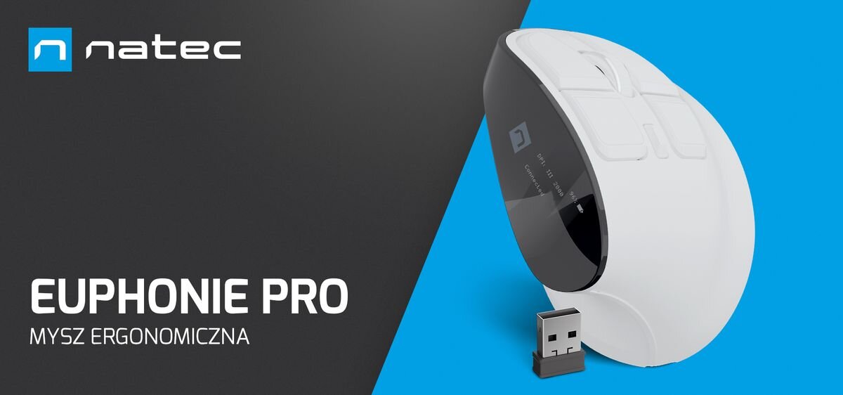 Obraz przedstawia białą ergonomiczną mysz NATEC Euphonie Pro z czarnymi elementami oraz logo natek. Obok myszy znajduje się mały odbiornik USB.