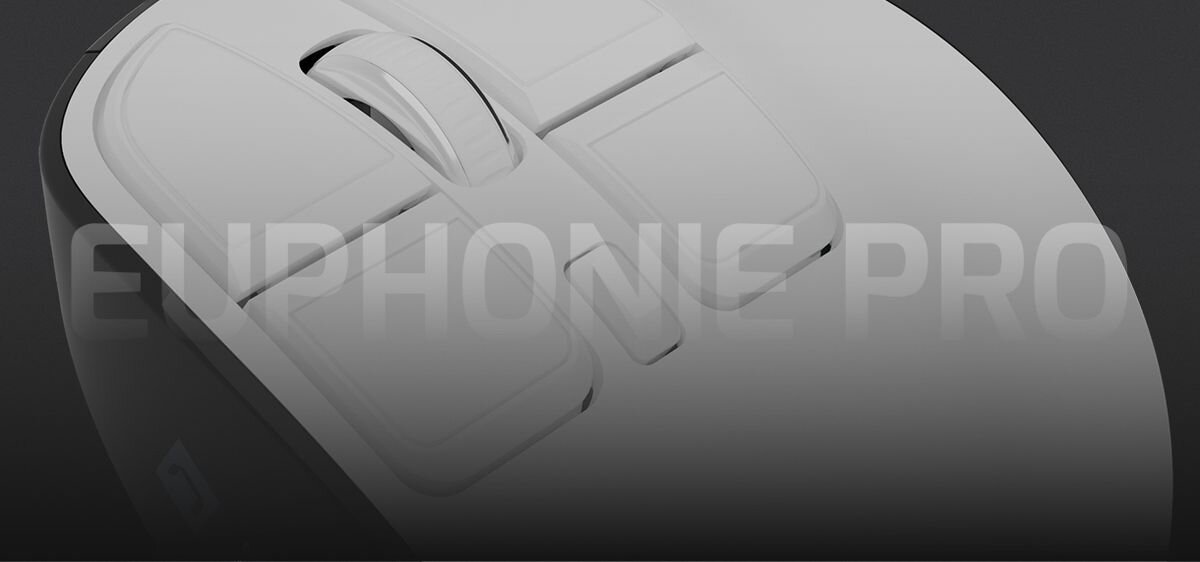Obraz przedstawia biało-czarną mysz komputerową z widocznymi przyciskami i rolką. Na powierzchni myszy znajduje się napis \'EUPHONIE PRO\'.