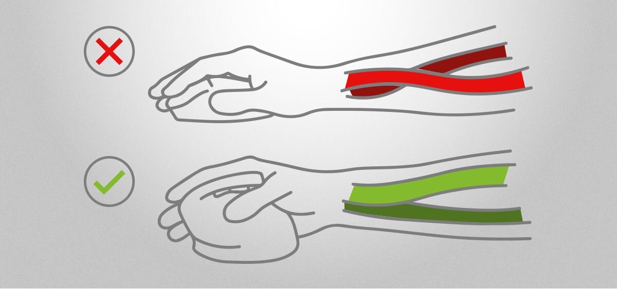 Ilustracja przedstawia dwie ręce: górna z wyprostowanymi palcami i czerwonymi liniami na przedramieniu, dolna trzyma mysz z zielonymi liniami na przedramieniu. Obok górnej ręki znajduje się czerwony znak X, a obok dolnej zielony znak V.