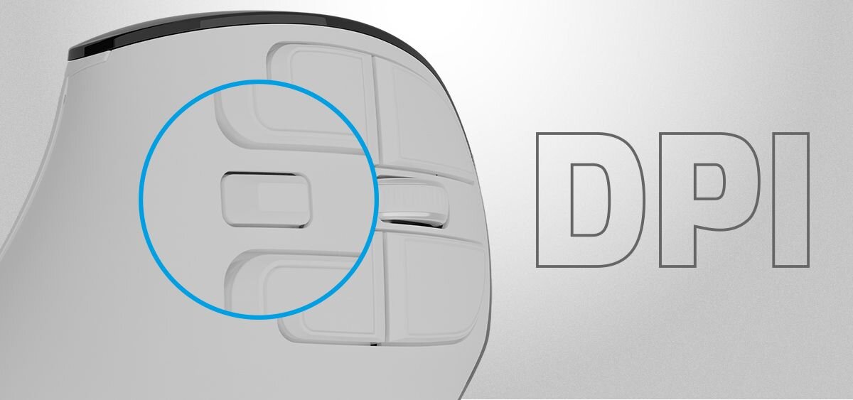 Obraz przedstawia biało-czarną mysz komputerową z przyciskiem oznaczonym niebieskim okręgiem. Obok widoczny jest napis \'DPI\'.