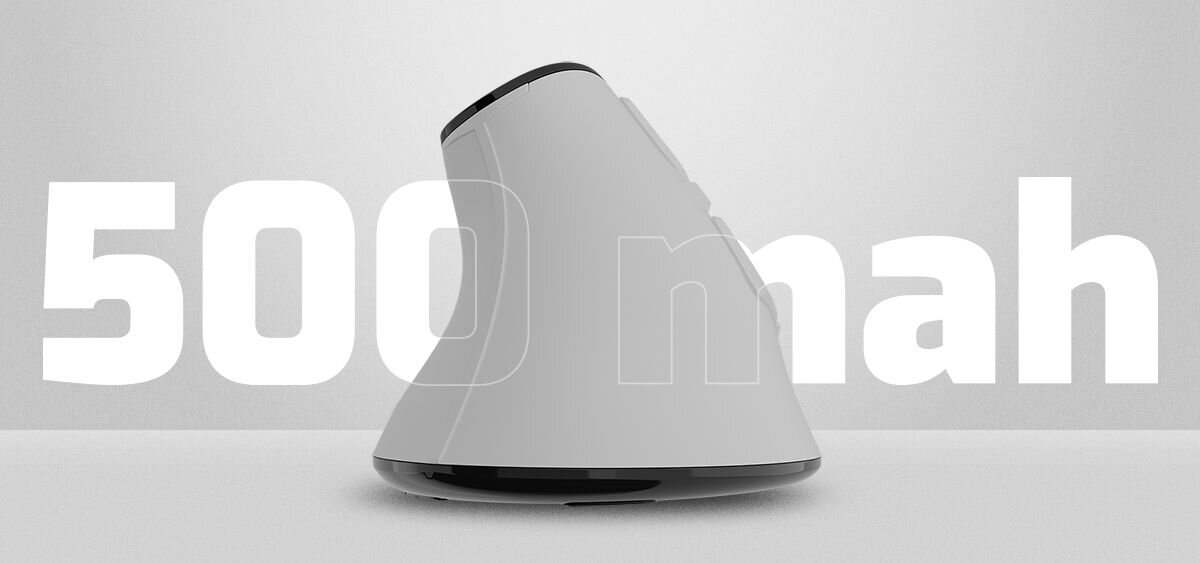 Na obrazie widoczna jest biało-czarna mysz komputerowa o ergonomicznym kształcie. W tle znajduje się duży napis \'500 mah\'.