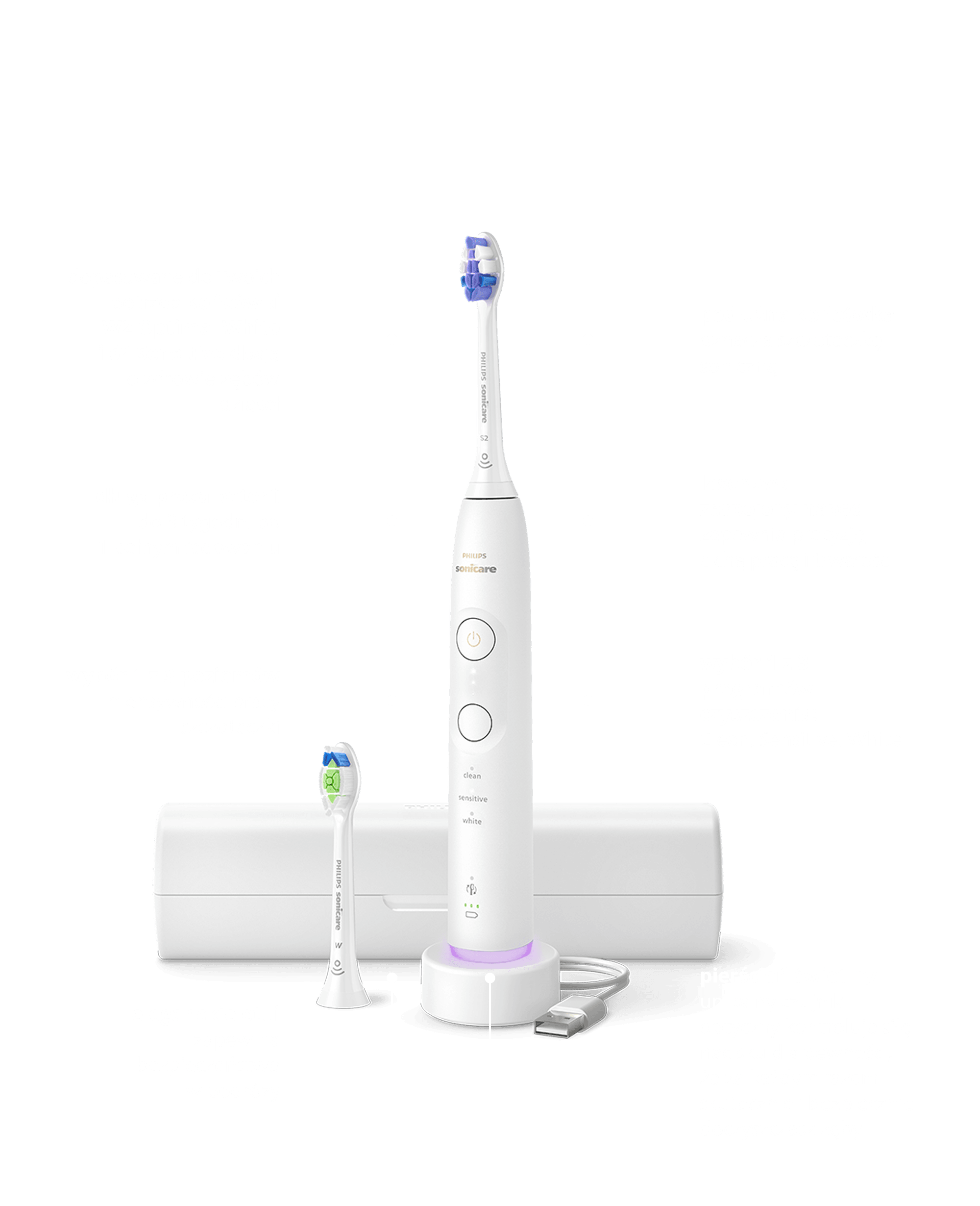 Szczoteczka umieszczona w ładowarce. Obok znajduje się etui i zapasowa końcówka.