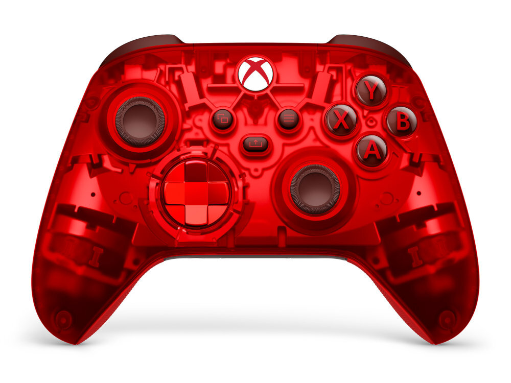 MICROSOFT Xbox Series Pulse Cipher Special Edition przypisując funkcje przyciskom w aplikacji Akcesoria Xbox Jack 3.5mm Przezroczysta czerwona konstrukcja srebrnymi elementami gumowane uchwyty USB-C