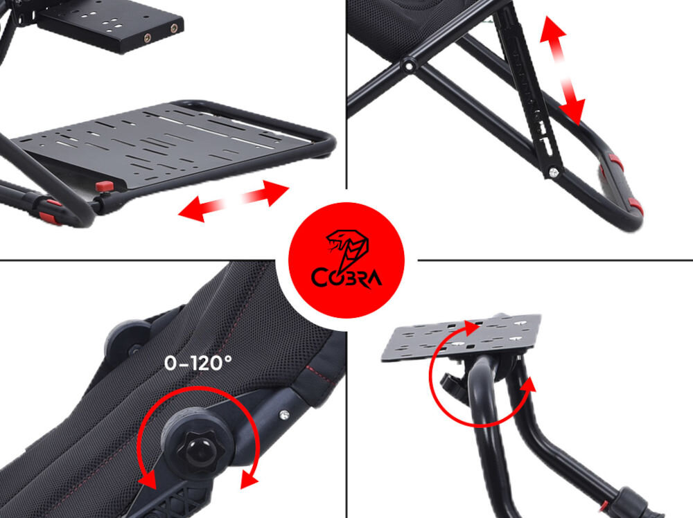 Kokpit COBRA Ergosim SIMR11BK Czarny prezentacja możliwej regulacji na białym tle dostosuj pozycję kierownicy pedałów i dźwigni fotela współpraca z wieloma modelami kierownic i pedałów Logitech Thrustmaster Cobra