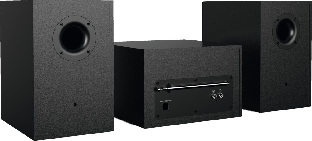 Wieża TECHNISAT Classic&nbsp;800&nbsp;IR złącza USB AUX słuchawkowe linia, wieża po skosie od tyłu na białym tle