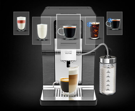 Ekspres do kawy KRUPS Intuition Experience Hot&Cold z wyświetlonymi rodzajami napojów oraz podłączonym pojemnikiem na mleko.