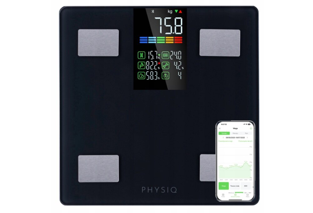 Waga łazienkowa PHYSIQ 2101 Czarny sensor g, dokładny pomiar, styl życia, lepsze decyzje żywieniowe