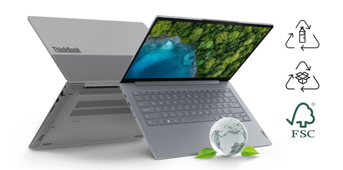 Zamknięty laptop LENOVO ThinkBook 14 G9 AHP 21V0000KPB w srebrnej dwukolorowej obudowie widok na wytrzymałą konstrukcję – certyfikat MIL-STD 810H zawiasy 25 000 cykli materiały z recyklingu