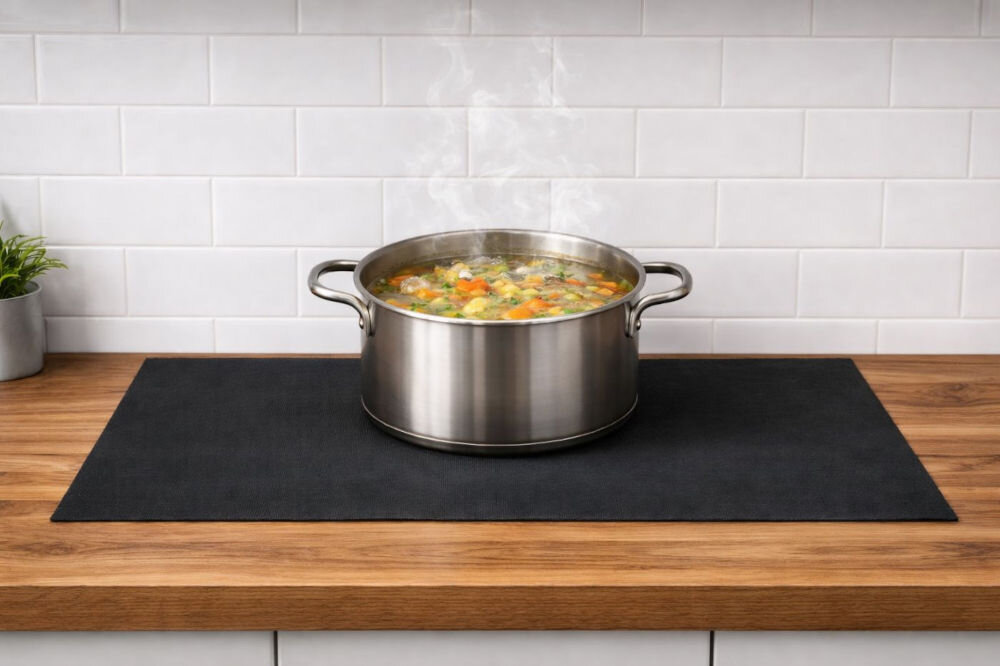 Mata ochronna na płytę indukcyjną LEXPERTO Metalowy garnek z parującym daniem stojący na czarnej macie ochronnej na drewnianym blacie kuchennym.