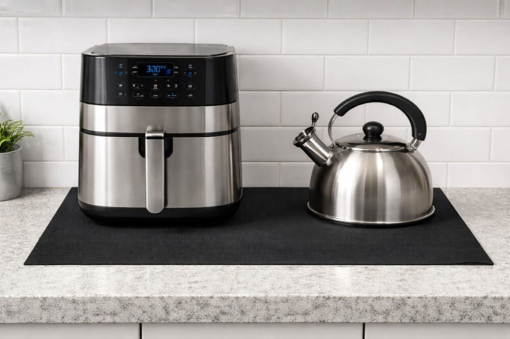 Mata ochronna na płytę indukcyjną LEXPERTO Frytkownica beztłuszczowa i czajnik ze stali nierdzewnej ustawione na ochronnej macie silikonowej na blacie granitowym.