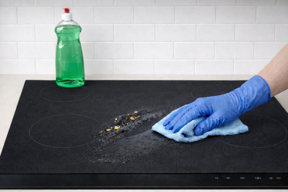 Mata ochronna na płytę indukcyjną LEXPERTO Czyszczenie czarnej maty na płytę indukcyjną za pomocą niebieskiej ściereczki z mikrofibry i płynu do naczyń.