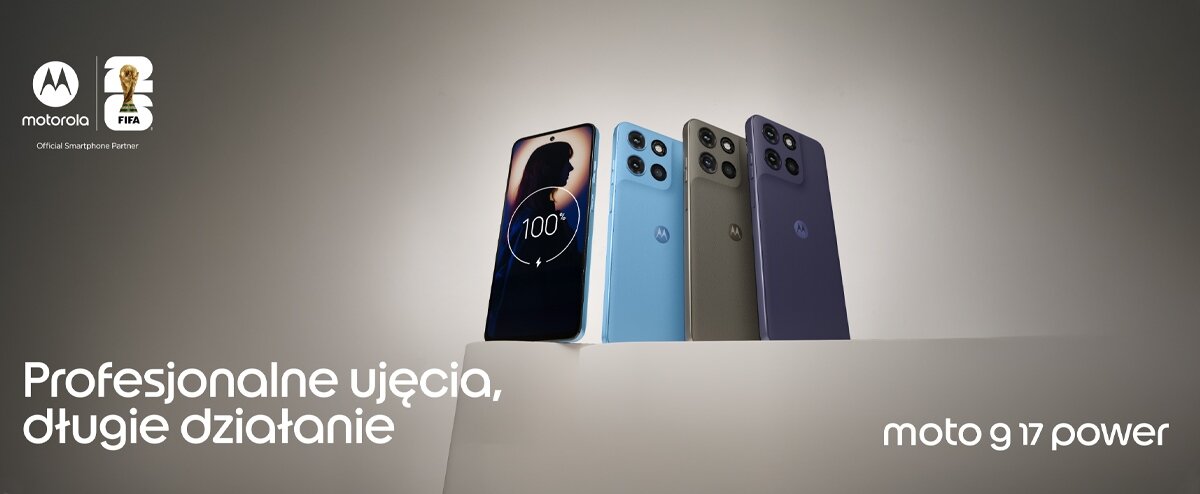 Na obrazie widoczne są cztery smartfony w różnych kolorach, z logo motorola. Tekst na obrazie: \'Profesjonalne ujęcia, długie działanie moto g 17 power\'.