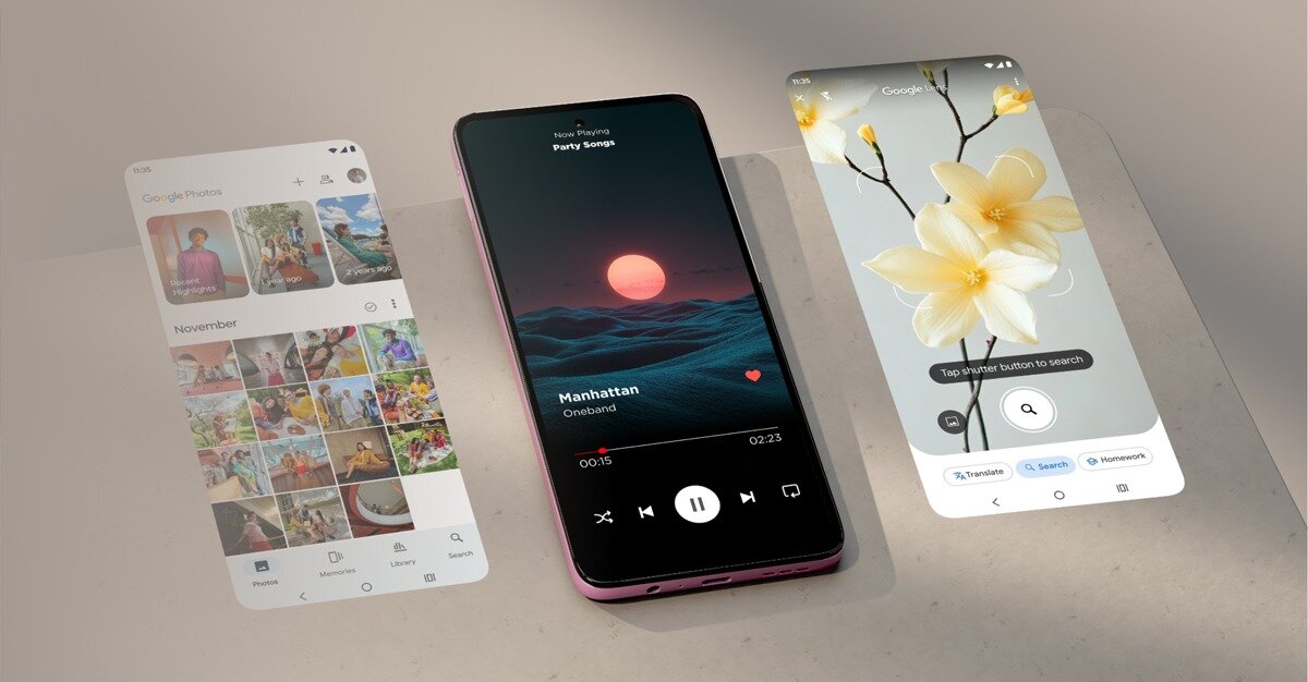 Na obrazie widoczne są trzy ekrany smartfona z różnymi aplikacjami: galeria zdjęć, odtwarzacz muzyki z utworem \'Manhattan\' oraz ekran z wyszukiwarką i kwiatem. Smartfon ma ciemny wyświetlacz z cienkimi ramkami.