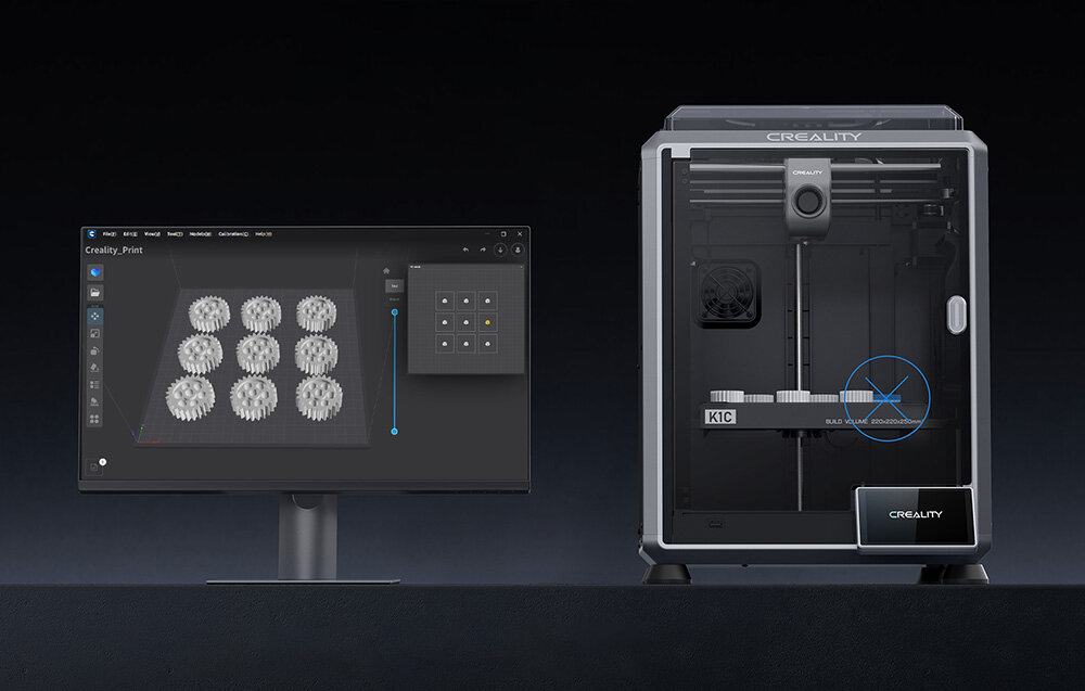 CREALITY K1C dynamiczne równoważenie cichy tryb pracy, filtr powietrza ekosystem oprogramowania Creality OS, Creality Print i Creality Cloud